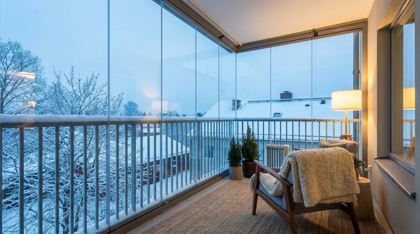 Zabudowany balkon używany w zimny dzień